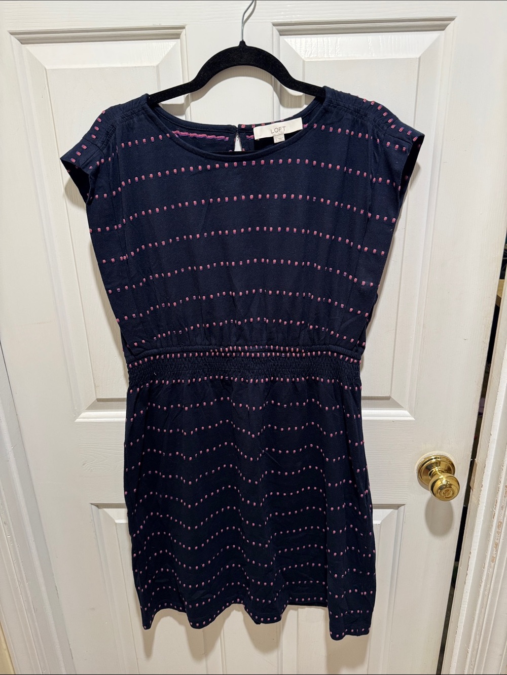 LOFT Navy Mini Dress with Pink Dot Stripes